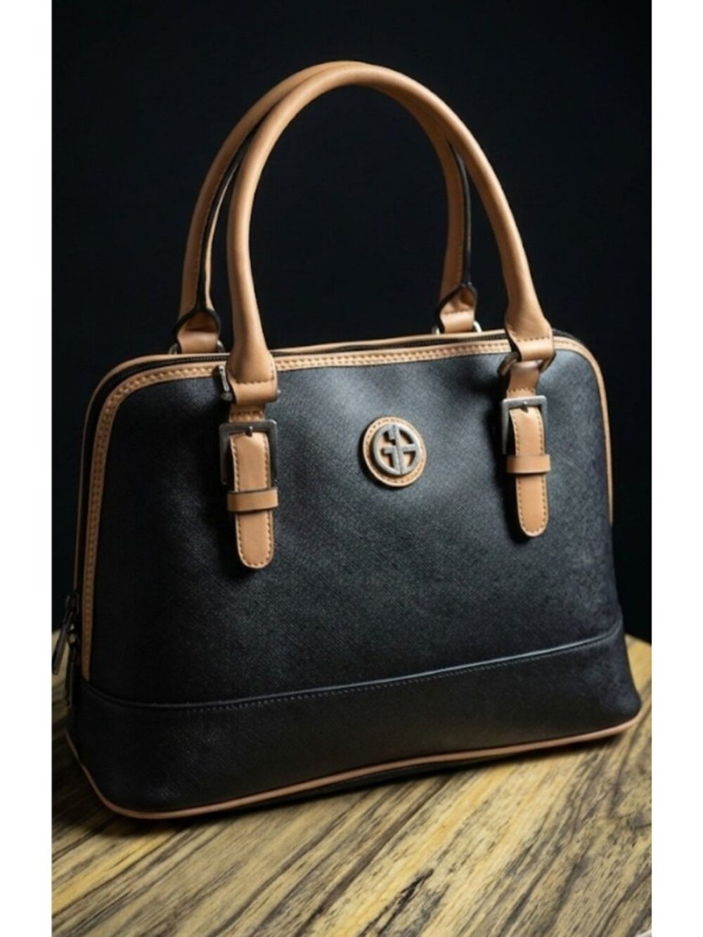 Giani Bernini Top Handle Dome Satchel Crossbody Bag Black & Tan -Faux Leather